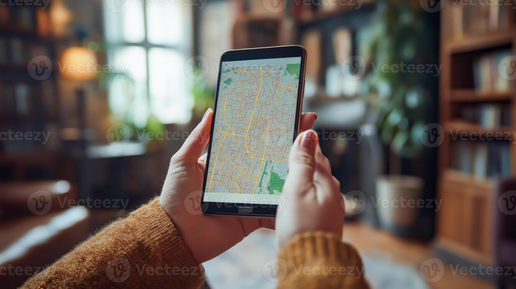 Hands holding a smartphone displaying a vibrant city map while relax in a warm, inviting space. photo