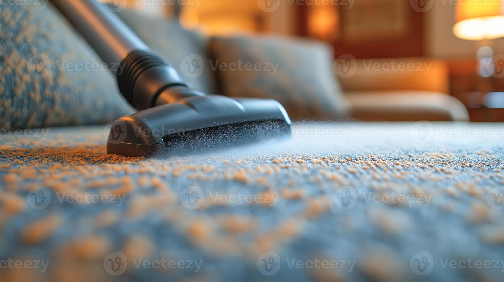 A vacuum cleaner is actively cleaning the fabric of a sofa in a warm, inviting living room. photo