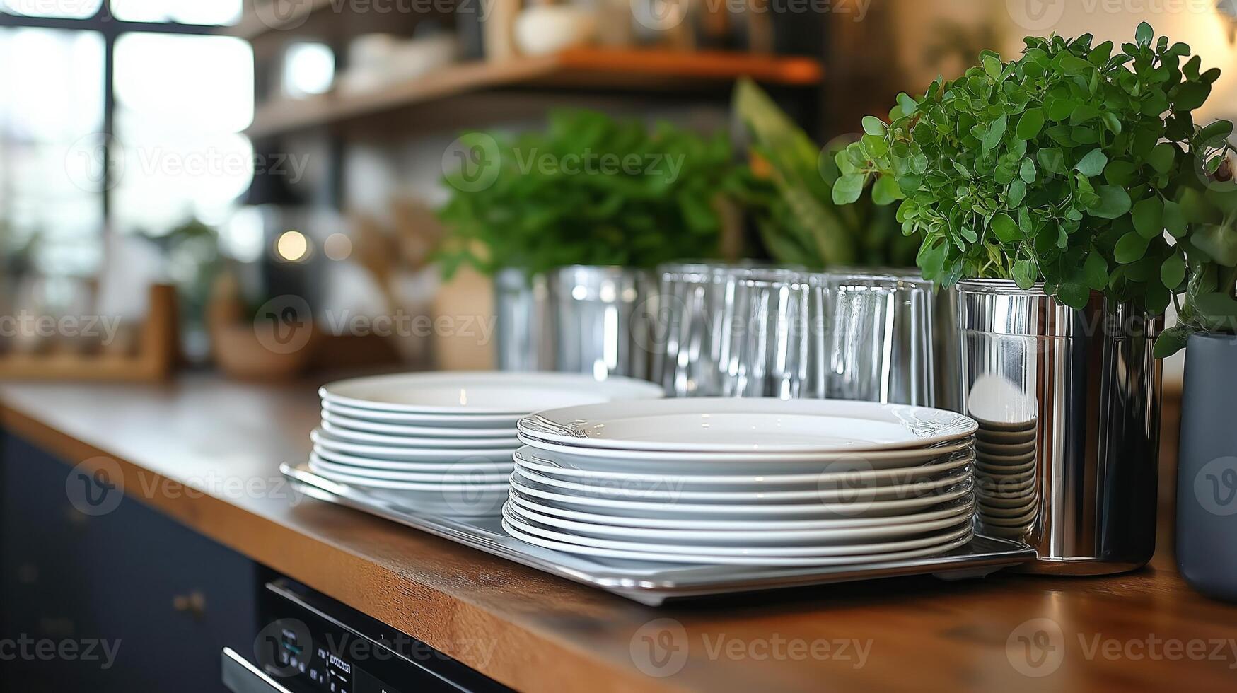 Neatly arranged dishes and glasses on a wooden counter with fresh herbs create warmth. photo