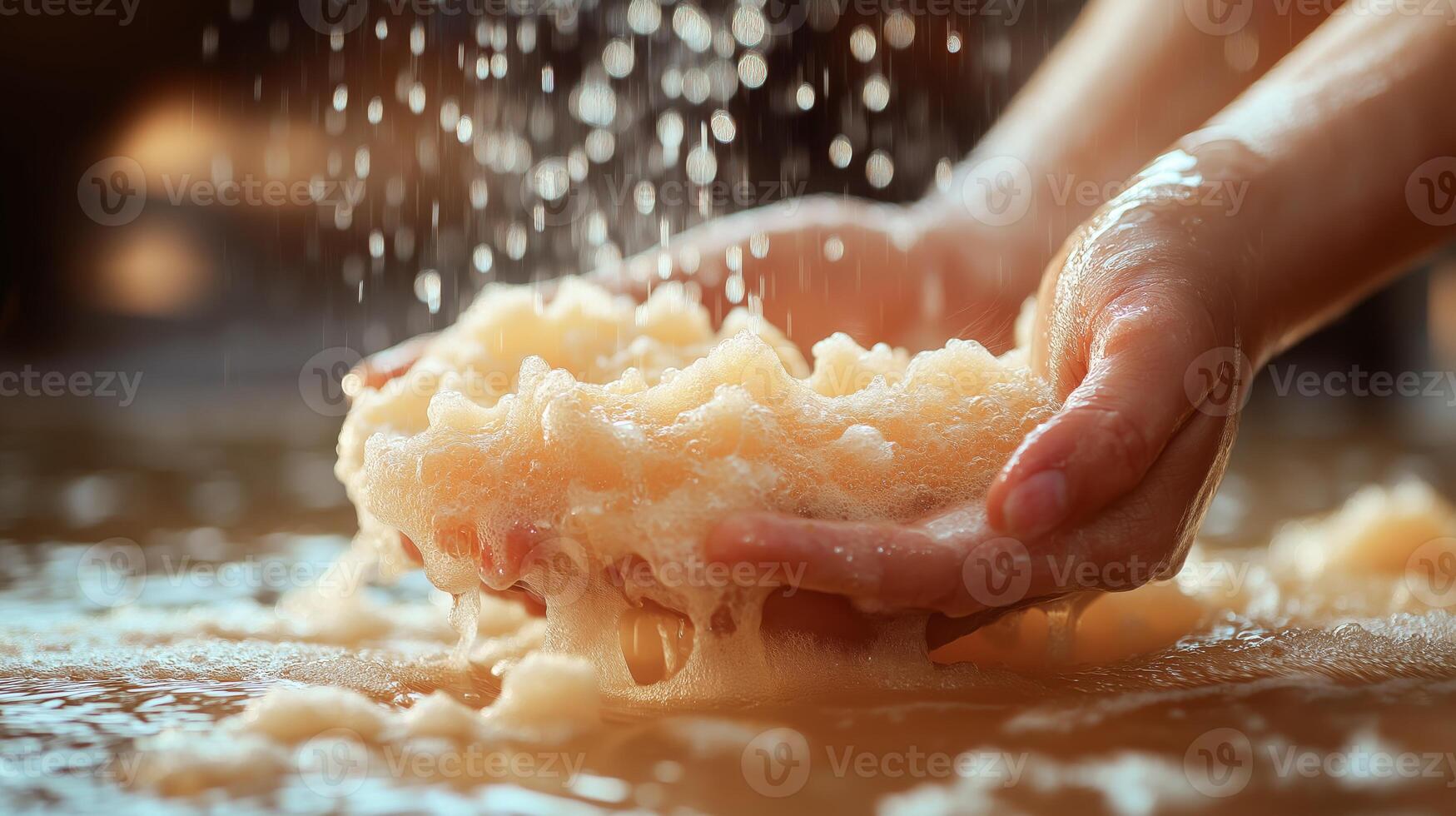 Hands skillfully combine ingredients to generate foam while making natural soap in a workshop. photo