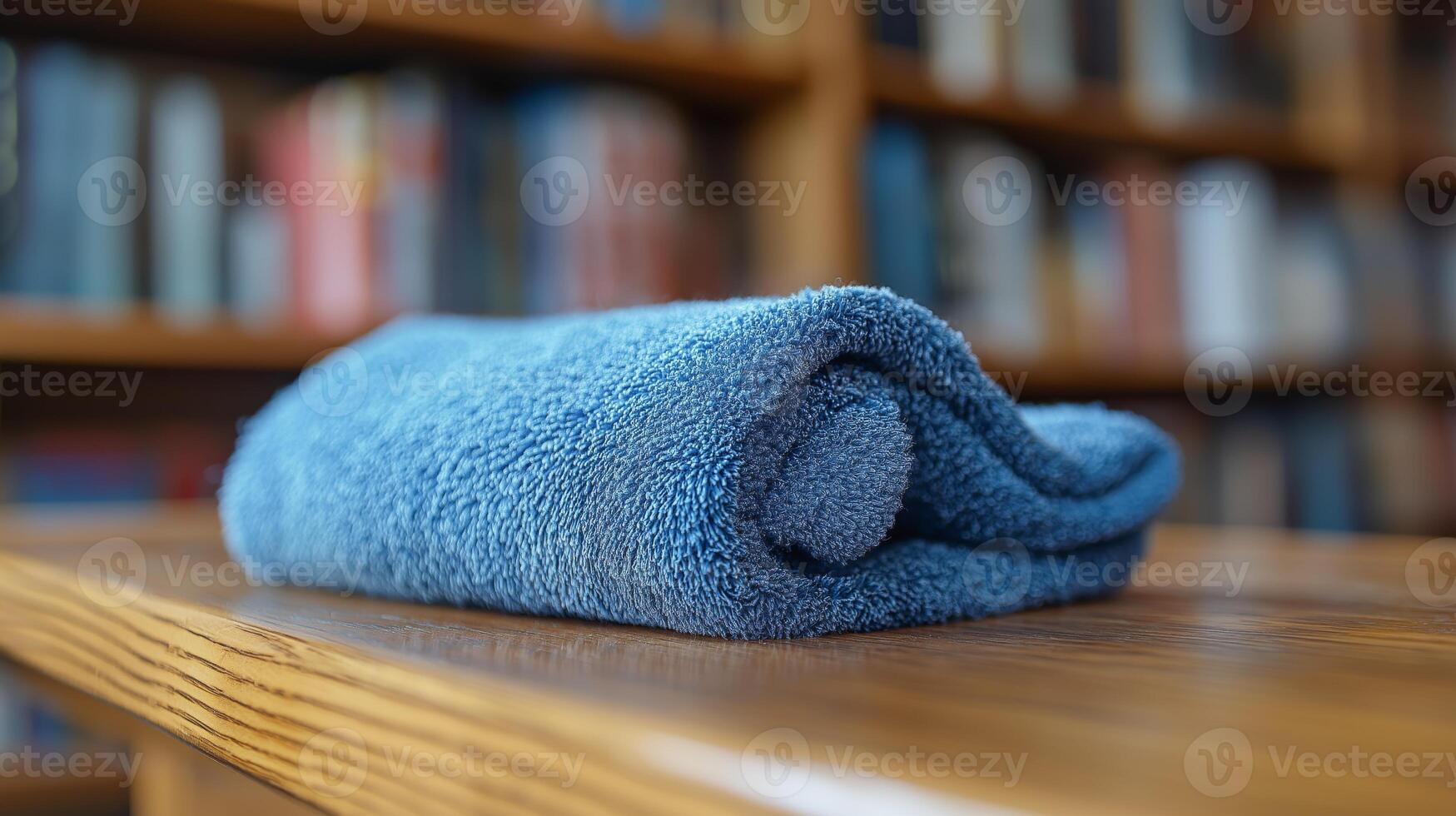 A crisp, soft blue towel rests on a smooth wooden table surrounded by bookshelves. photo