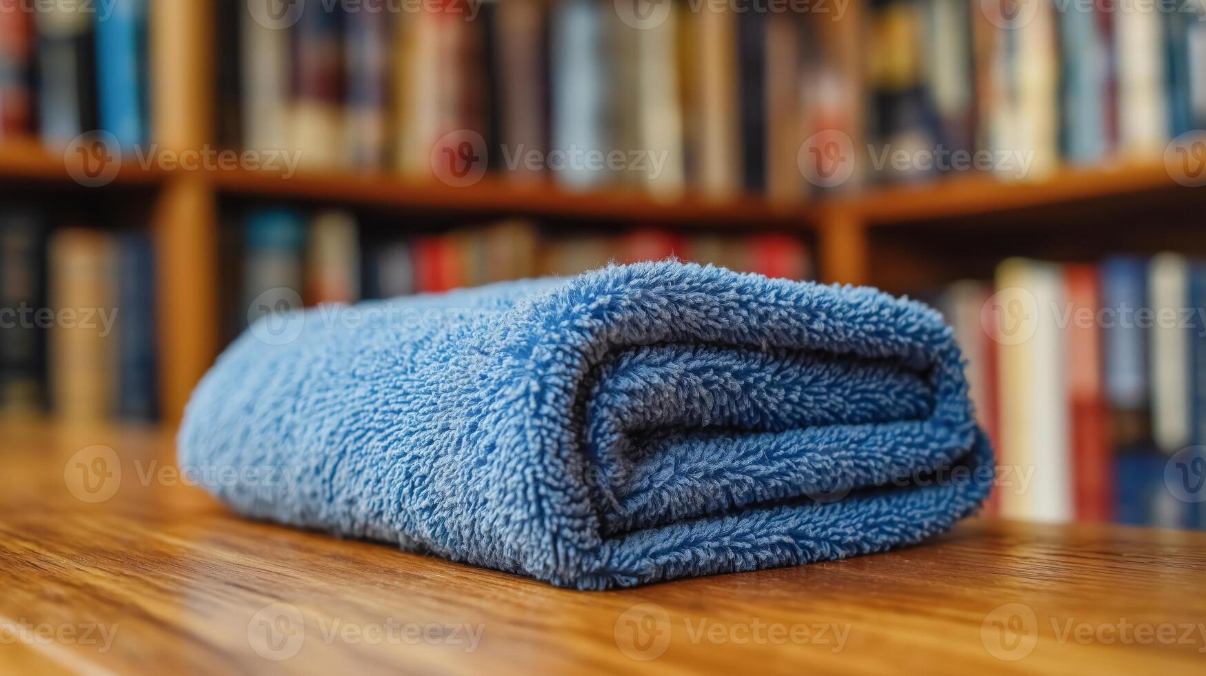 A neatly folded blue towel placed on a wooden table surrounded by bookshelves full of books. photo