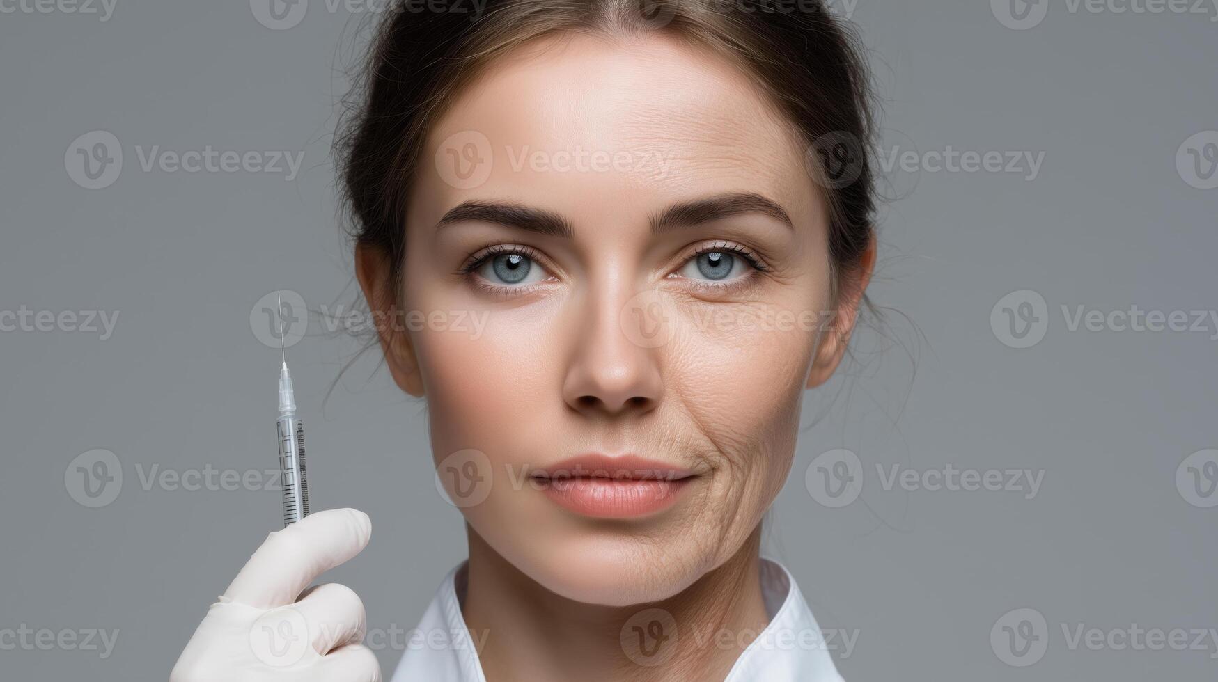 A young woman showcases a modern aesthetic treatment tool in a professional setting. She holds a syringe, highlighting her expertise in beauty and youth-enhancing technology. photo