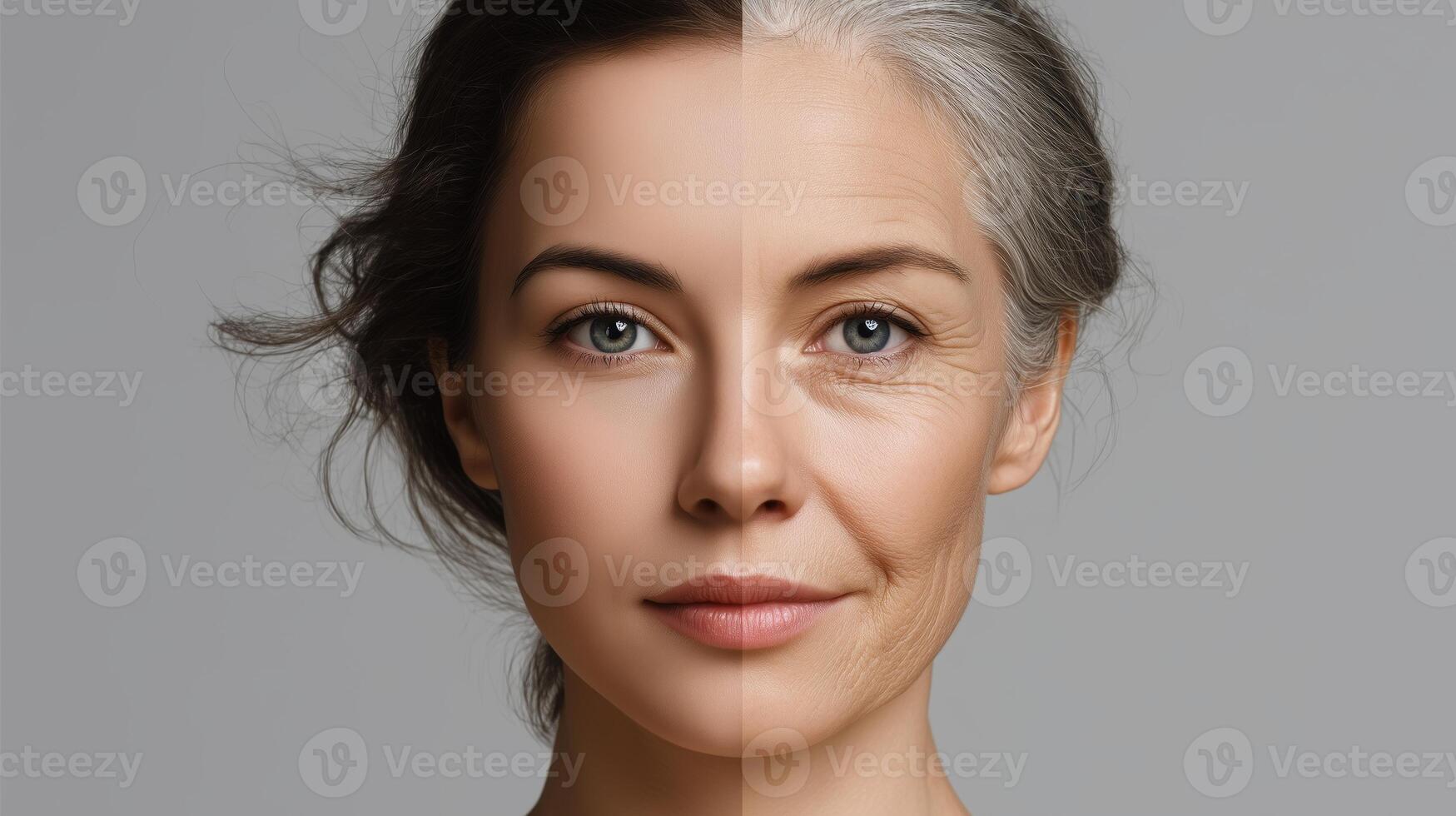 A woman stands confidently, displaying a split view of her face with one side embodying youthful features and the other portraying aged characteristics. photo