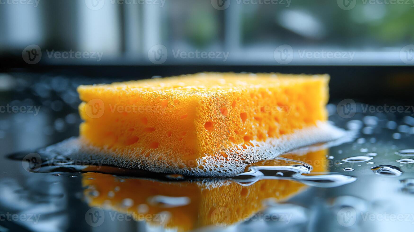 A bright orange sponge floats in soapy water, surrounded by droplets on a shiny surface. photo