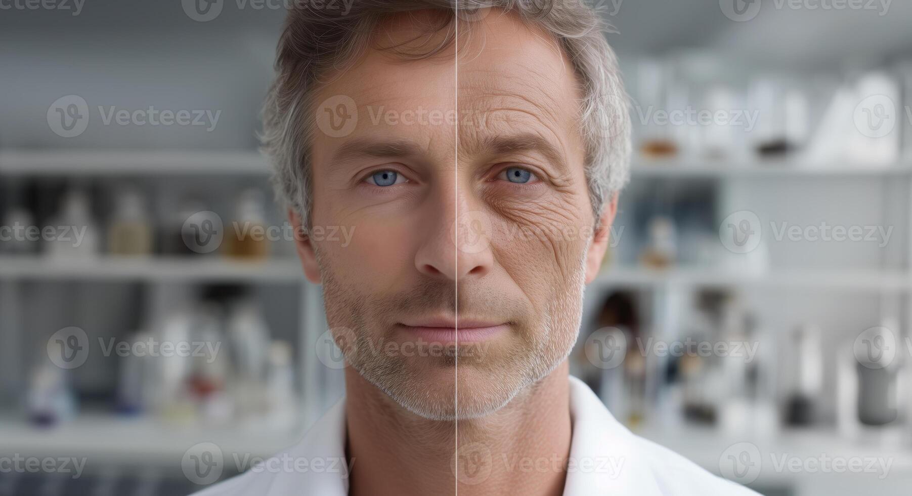 A man stands in a modern laboratory, demonstrating a striking contrast between his youthful features and aged appearance. This highlights advancements in technology that promote innovation in youth. photo