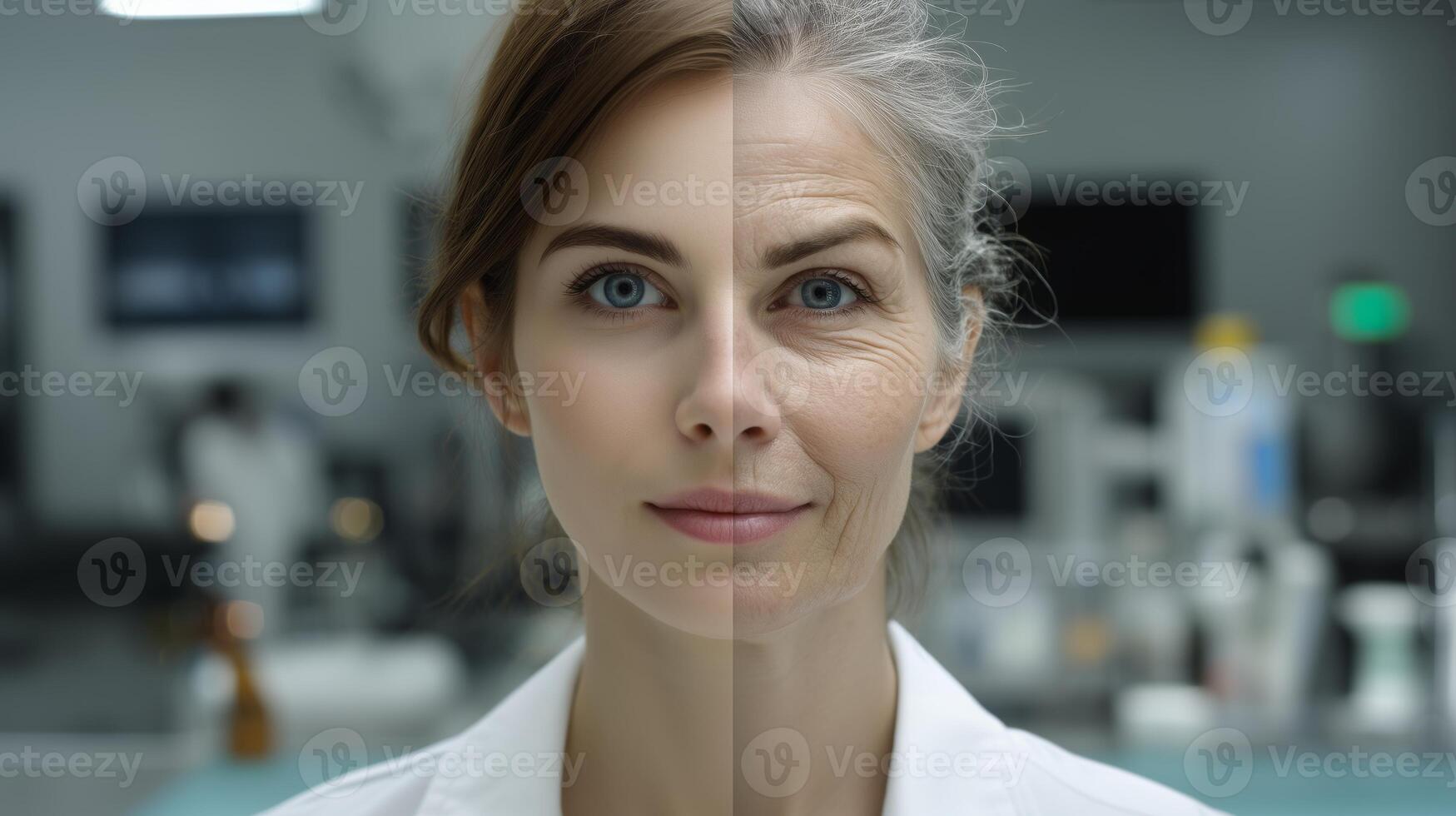 A woman stands confidently in a technology lab, her face showing both youth and age. This unique contrast highlights the impact of innovation on future generations in the tech industry. photo