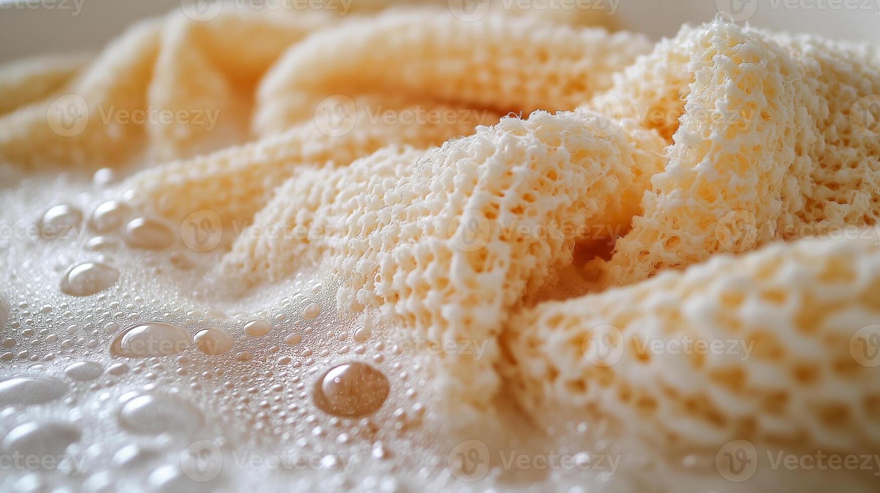 Honeycomb pieces soak in warm water, creating bubbles and revealing their textured surface. photo