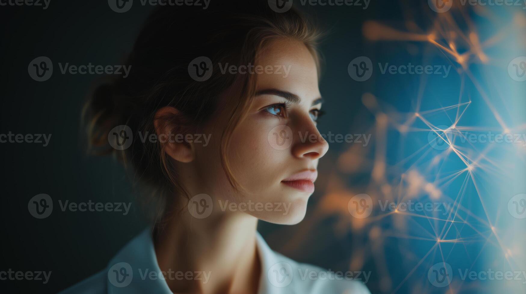 A young woman gazes thoughtfully at innovative technology visuals in a modern urban environment. She embodies creativity and focus, embodying youth and a passion for advancements in tech. photo