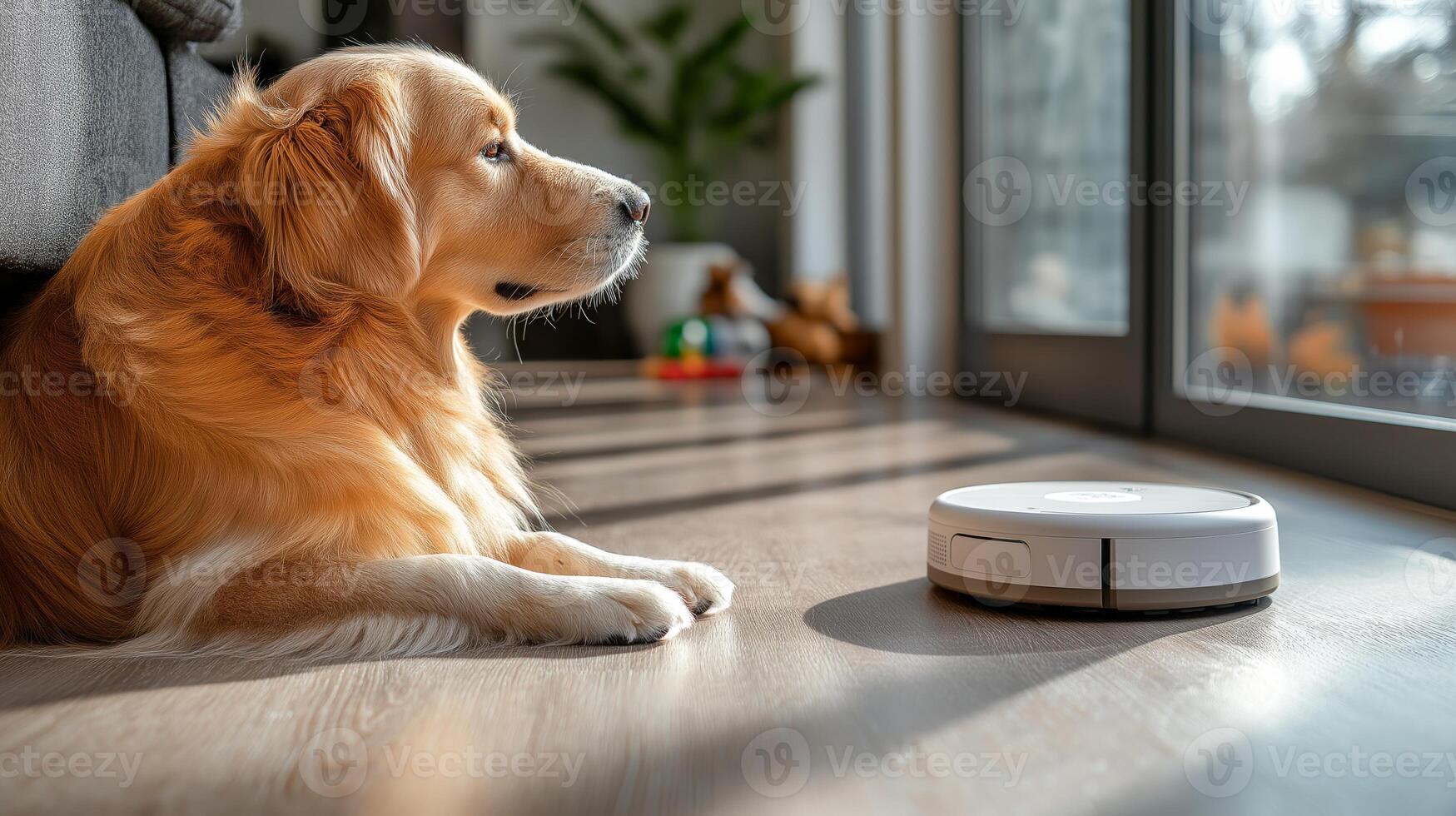 A golden retriever lays on the floor, observing a robot vacuum in a bright and cozy space. photo