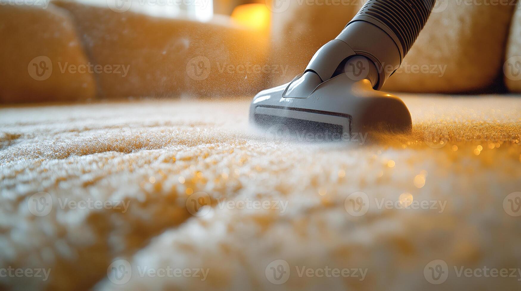 A vacuum cleaner is effectively removing dust from a plush carpet in a cozy living room. photo
