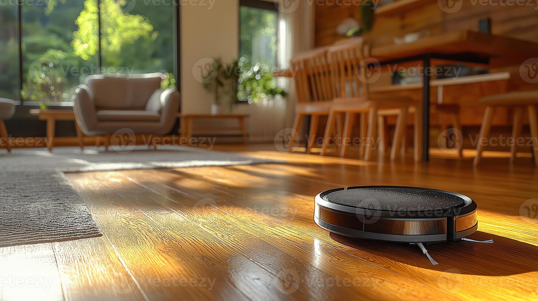 A robotic vacuum cleans a bright living room filled with natural light and wooden decor. photo