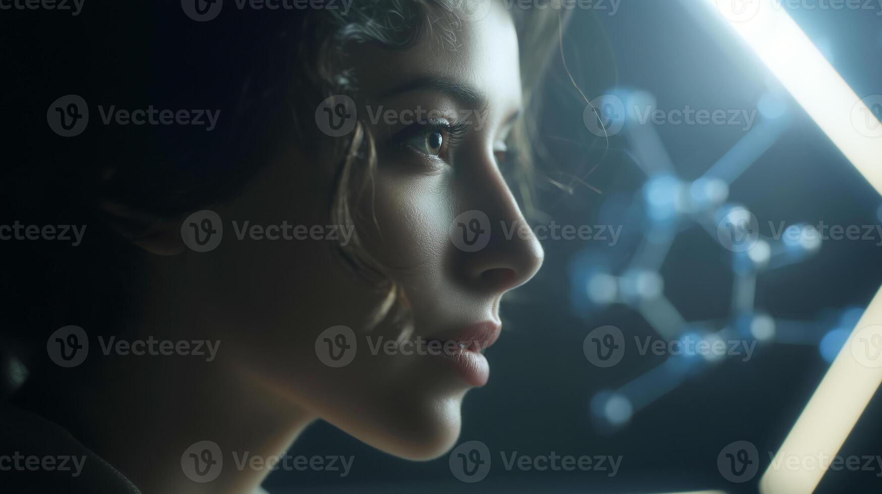 A young woman gazes intently at a glowing light while engaging with futuristic technology. photo