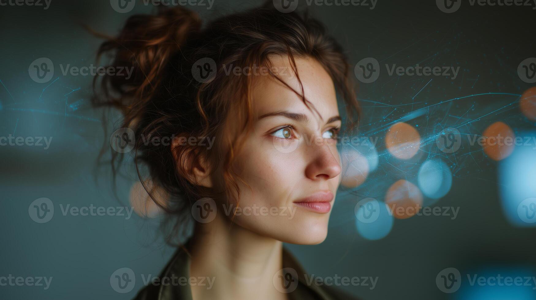 A thoughtful woman gazes thoughtfully, envisioning the future of technology and innovation. She is surrounded by a soft, illuminated backdrop that enhances her inspiring presence. photo