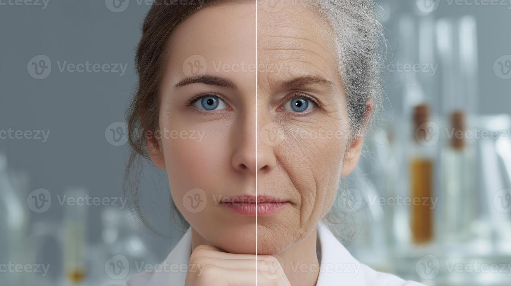 A middle-aged woman explores technology's role in youth preservation in a lab, highlighting the contrast between her youthful looks and mature features as she conducts innovative research. photo