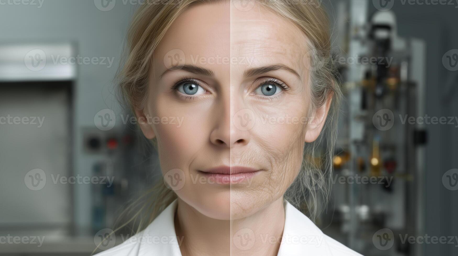 A woman in a laboratory highlights the impact of innovative technology on youth preservation. She confidently represents the future of innovation in the field of beauty and wellness. photo