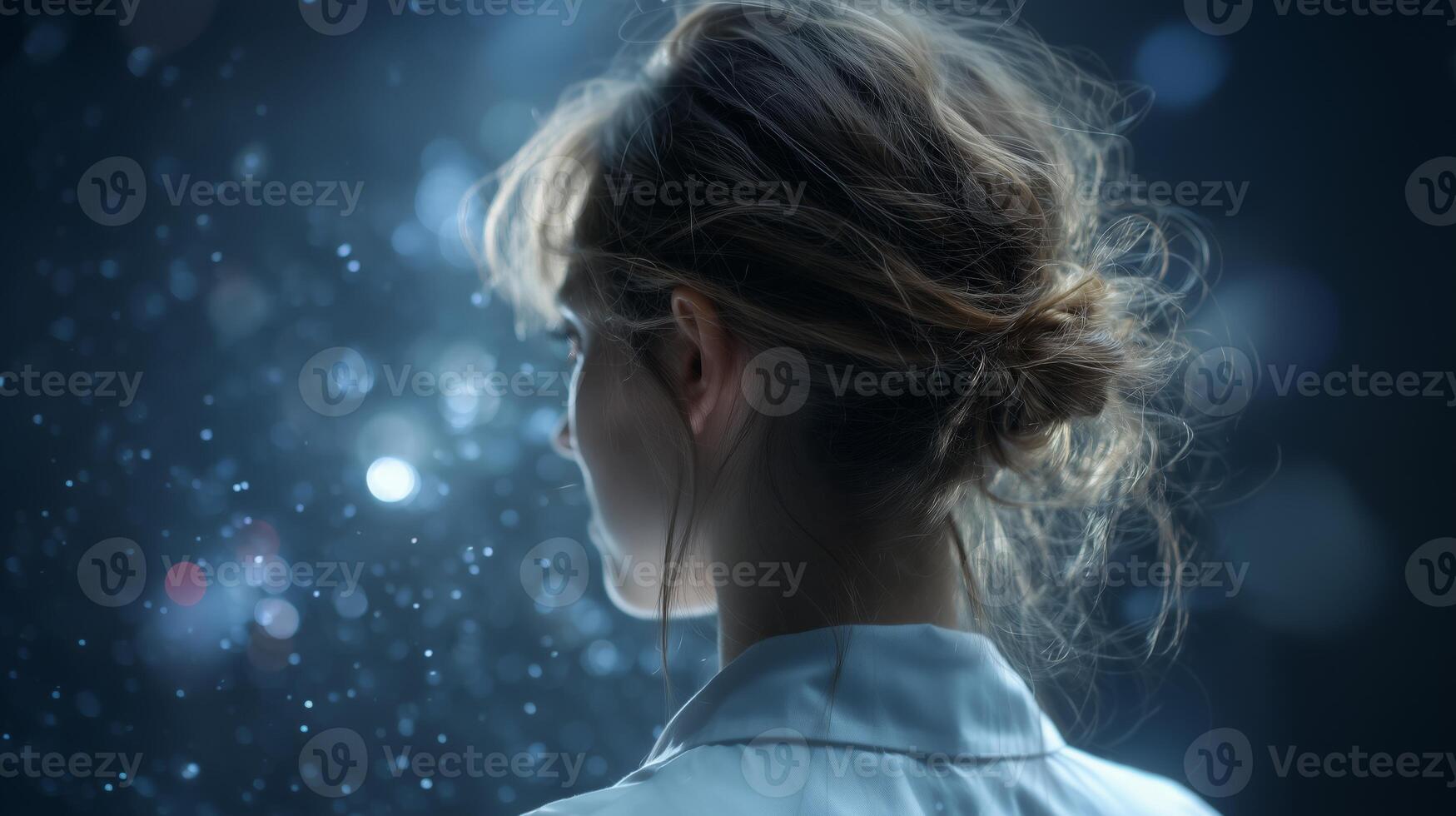 A young woman reflects on innovation and technology in a dimly lit space. Surrounded by sparkling lights, she appears lost in thought, symbolizing the potential of youth in shaping the future. photo