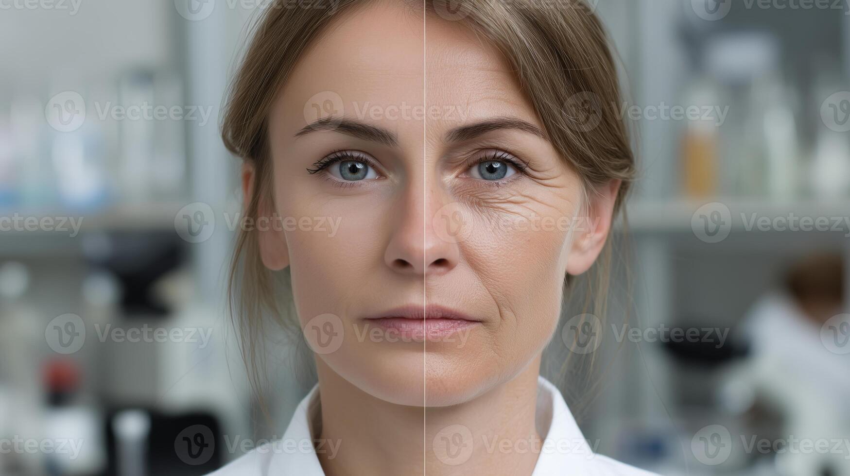 A young woman stands in a laboratory setting, engaging with advanced technology. The environment is filled with scientific equipment, reflecting a focus on innovation and youth in the tech industry. photo