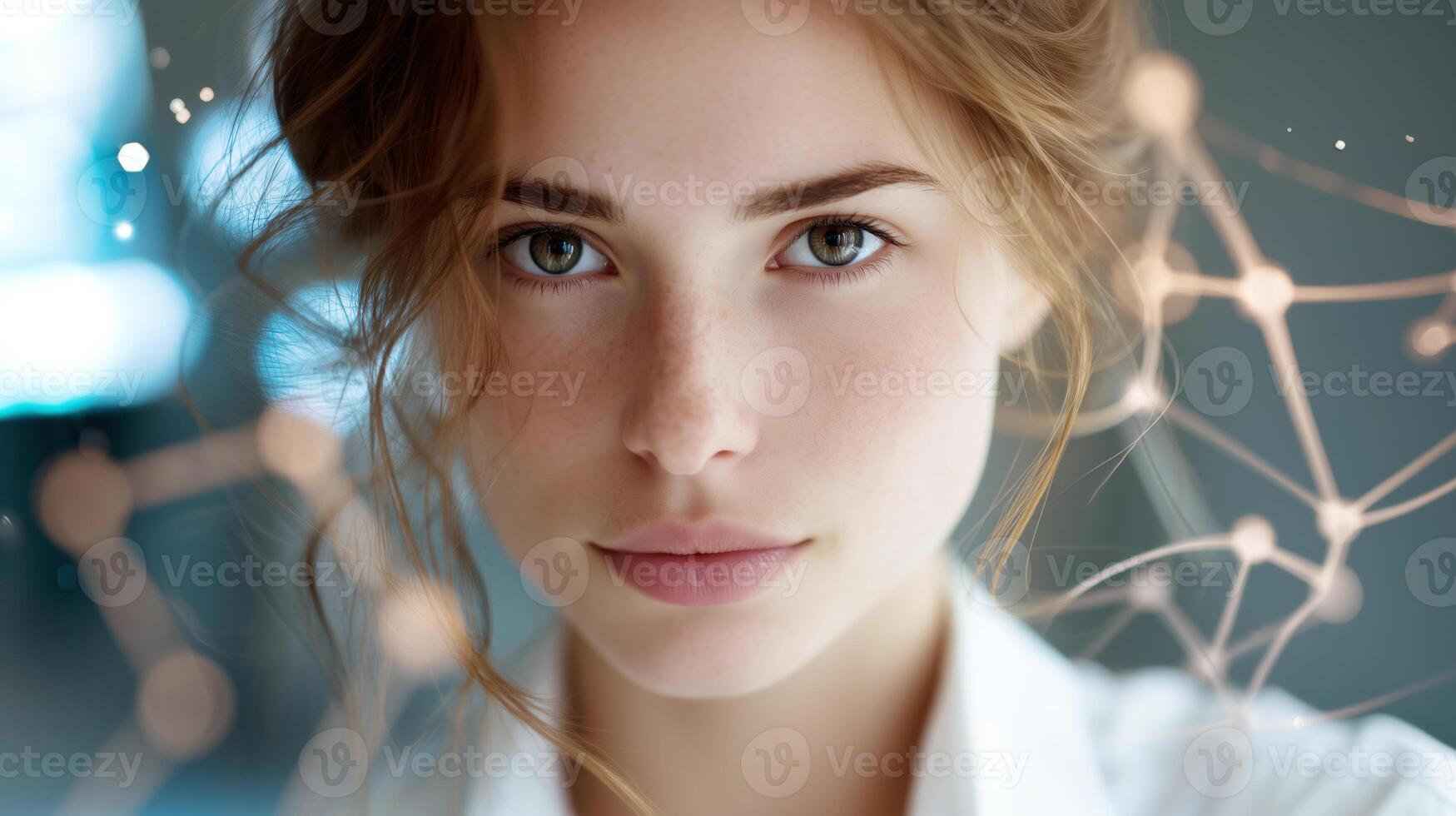 A woman gazes confidently, showcasing her passion for technology and innovation. Her expression reflects determination and creativity, encouraging youth to engage in the digital era. photo