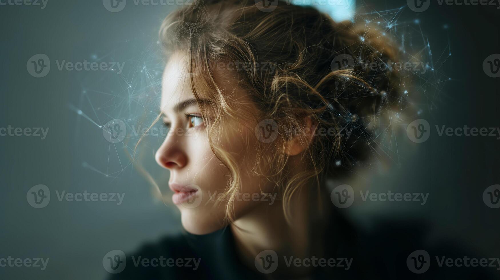 A young woman with curly hair is deep in thought, focusing on the future of technology and innovation in a modern workspace. photo