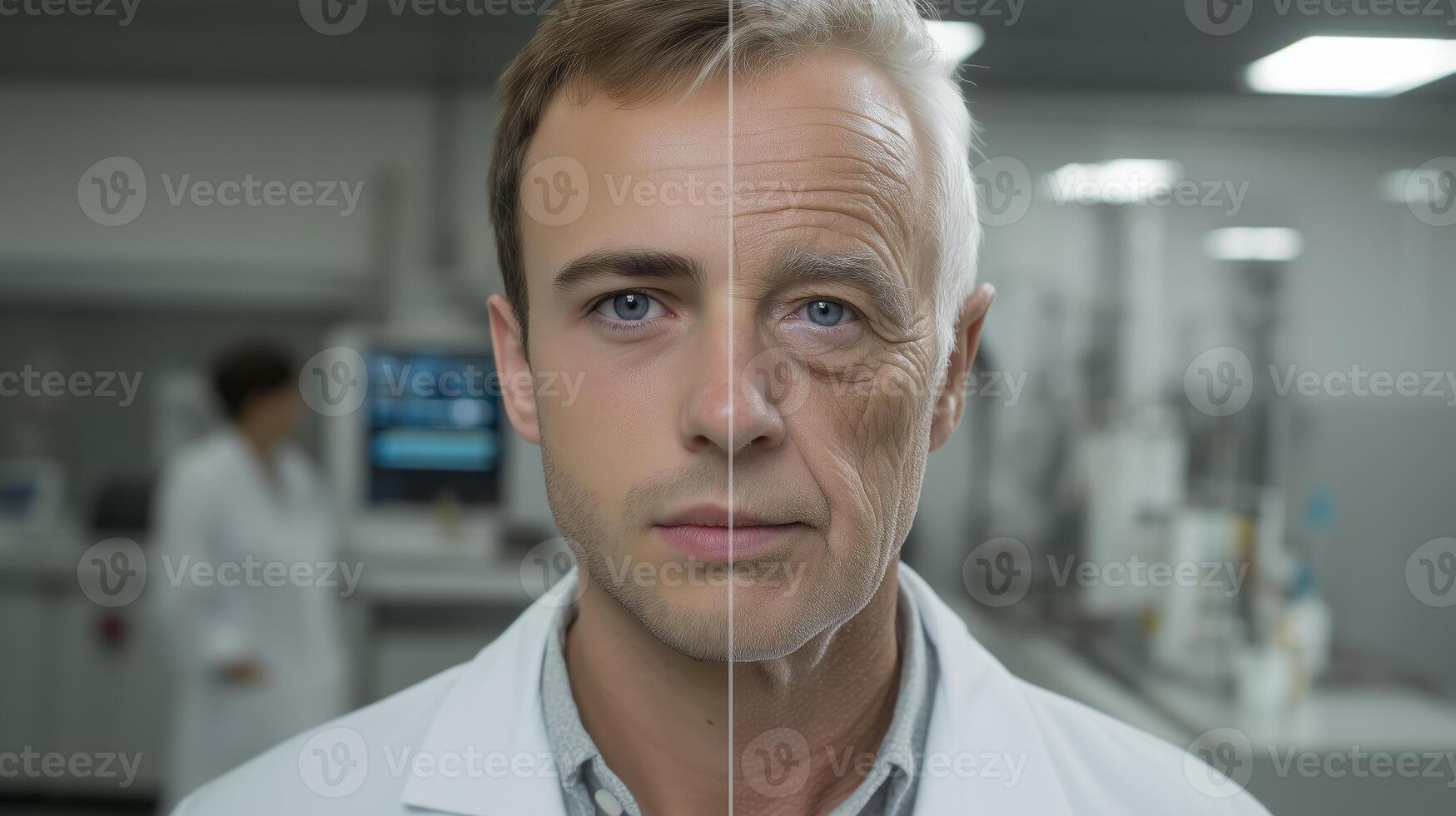 A young man in a lab coat stands in a modern laboratory, displaying a split image of his face showing both youth and an older version. photo