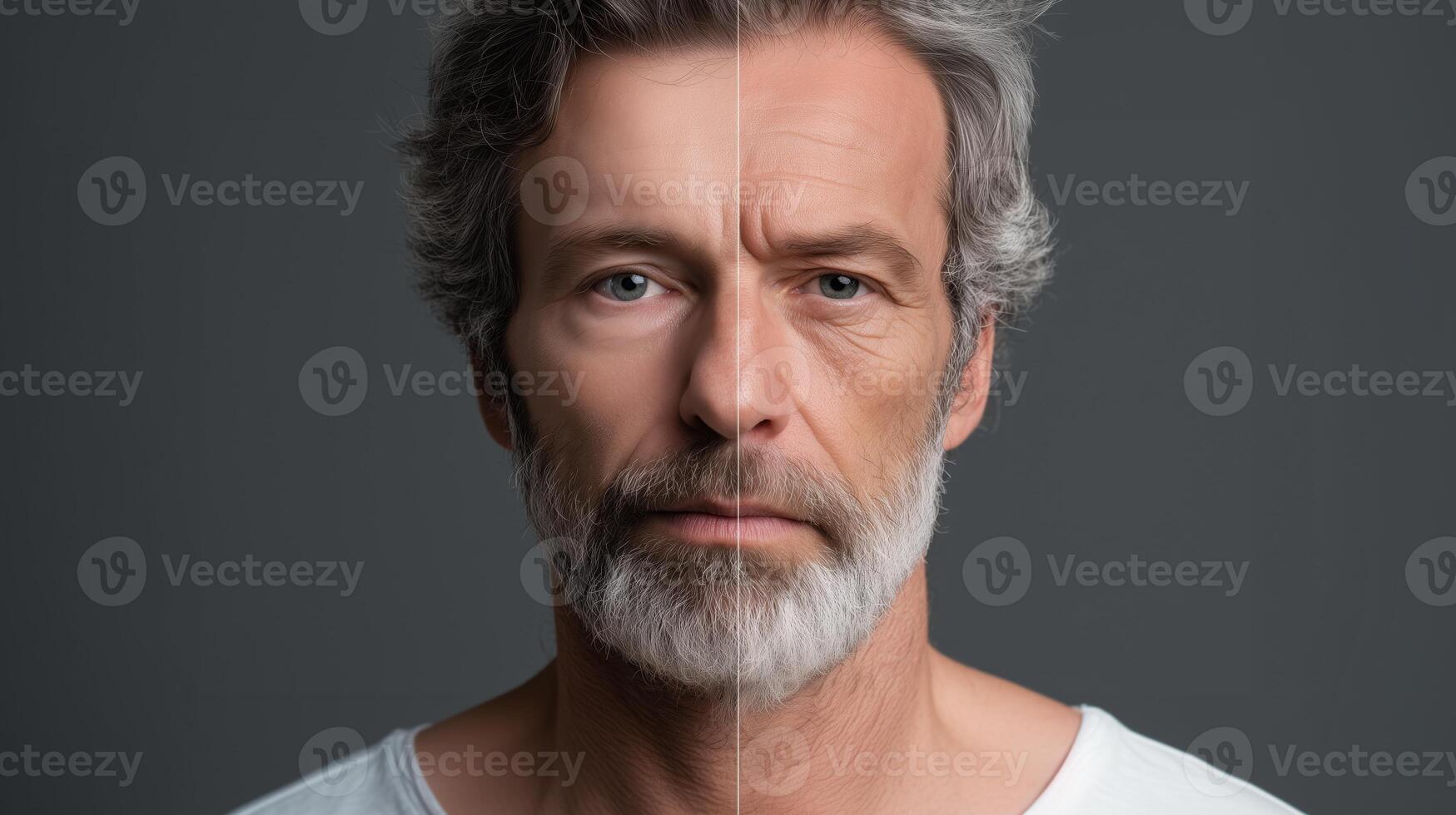 A thoughtful man displays a striking contrast of youth and age. His expression reflects a blend of innovation and wisdom, emphasizing technology's impact on perceptions of time and identity. photo