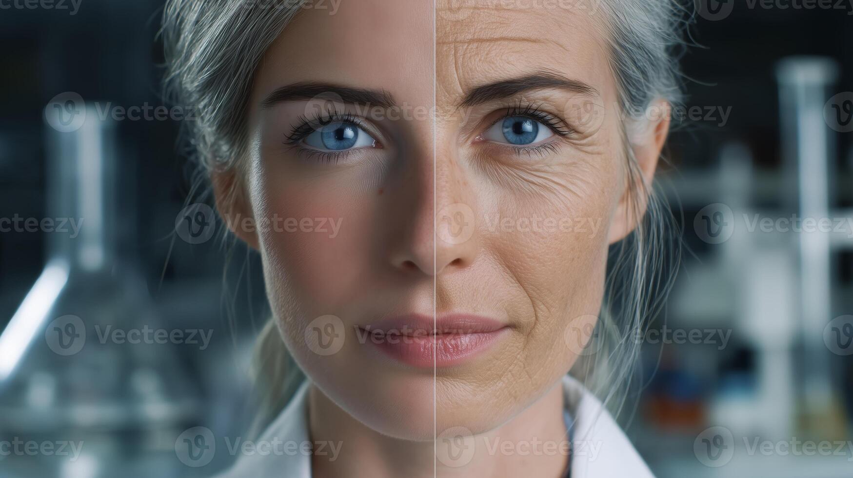 A youthful woman stands in a high-tech laboratory, demonstrating innovative technology. photo