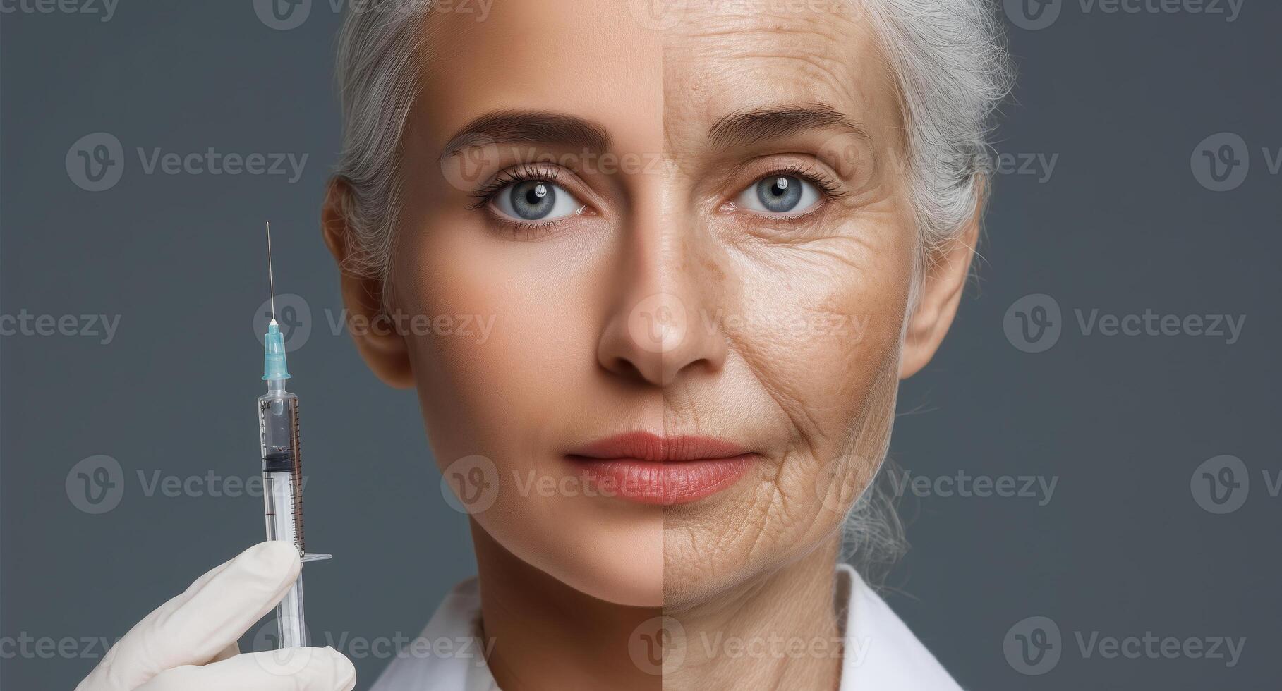 A woman holds a syringe while demonstrating advanced skincare technology. photo