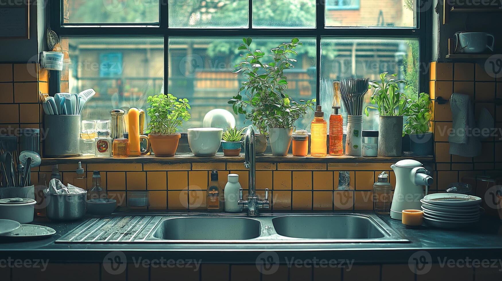 Fresh herbs thrive in pots by the window above a rustic kitchen sink, creating a warm atmosphere. photo
