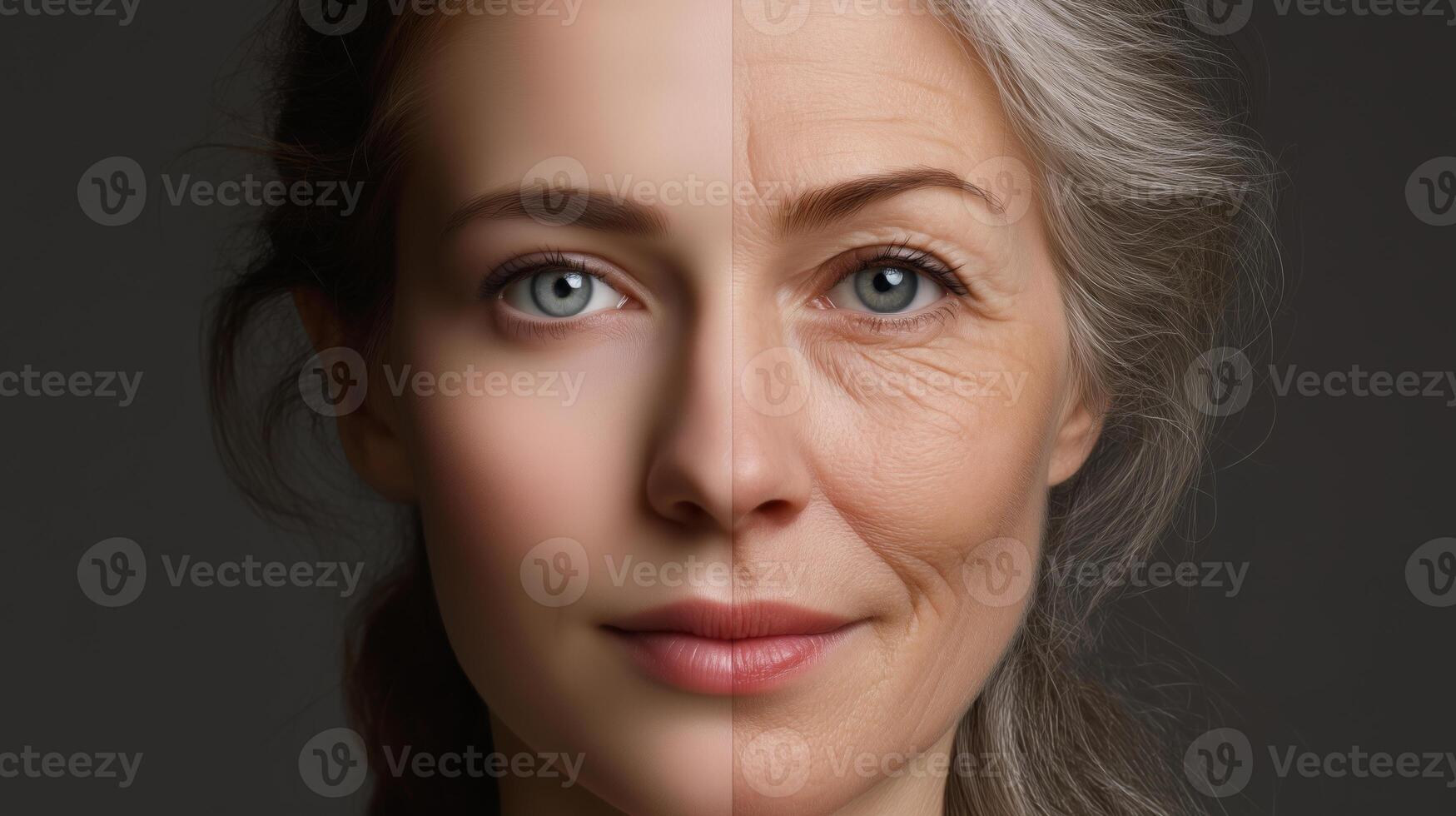 A woman stands at the forefront of a technological advancement, illustrating the contrast between youth and aging. photo