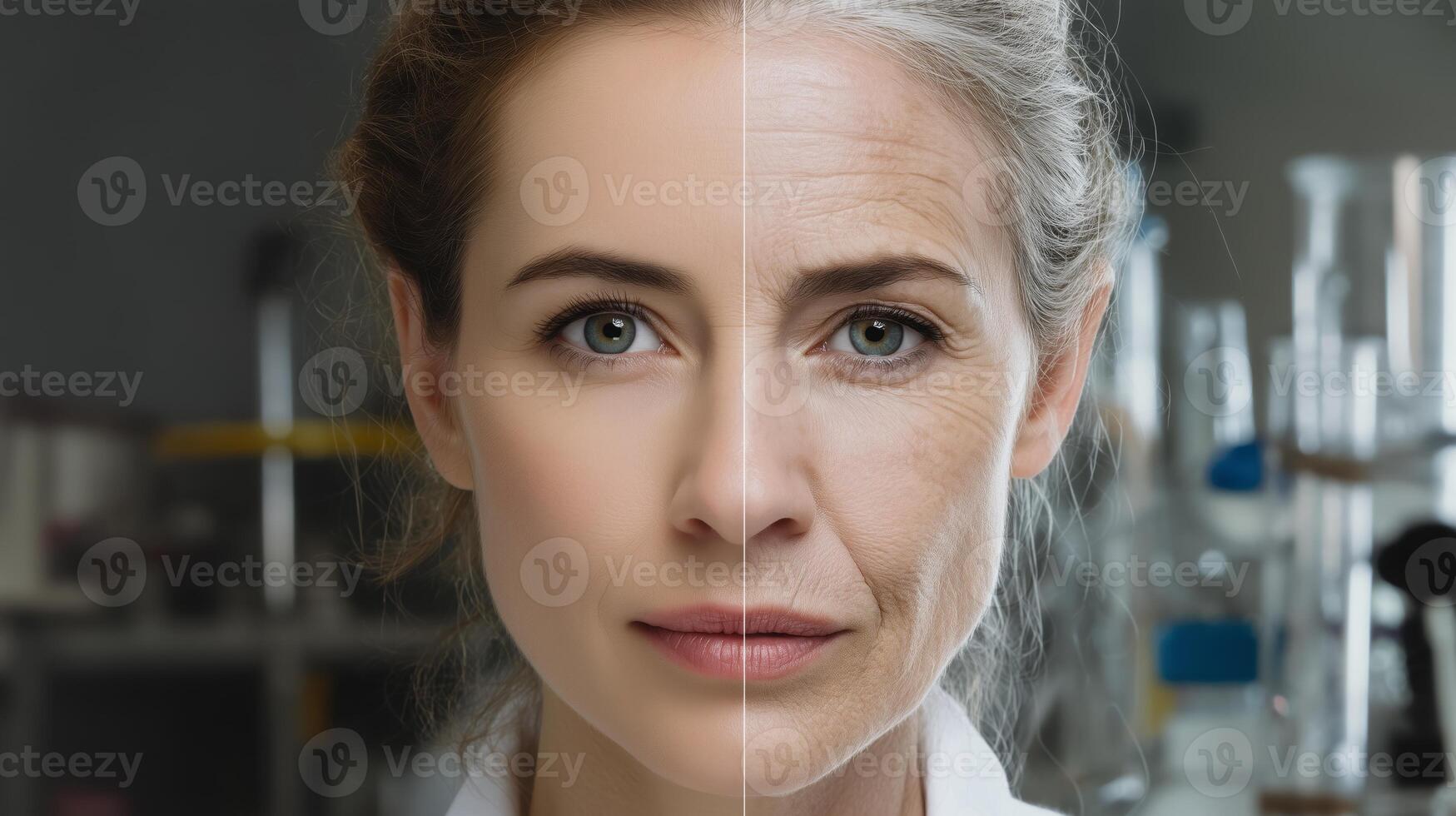 A woman in a laboratory demonstrates the intersection of youth and technological innovation. Her split-face image highlights the contrast between youthful vitality and aging, symbolizing resilience. photo