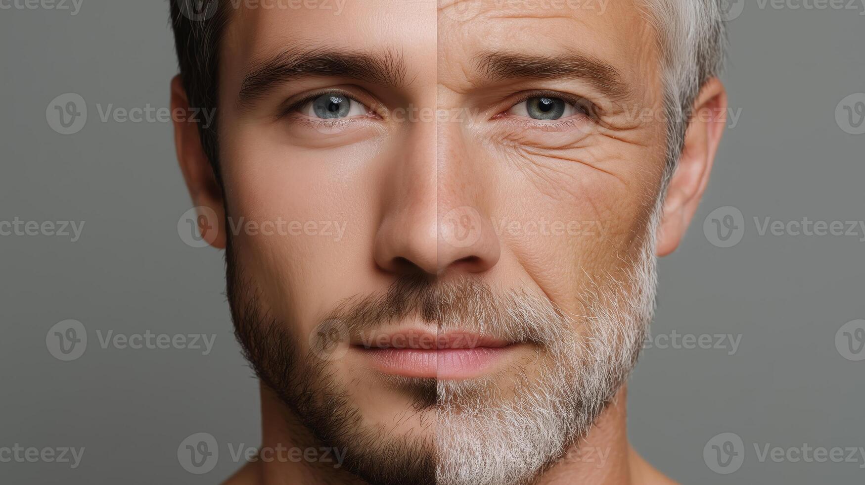 A man is depicted with a striking split image showing youth on one side and age on the other. The contrast highlights advancements in technology and innovation in age-related research. photo