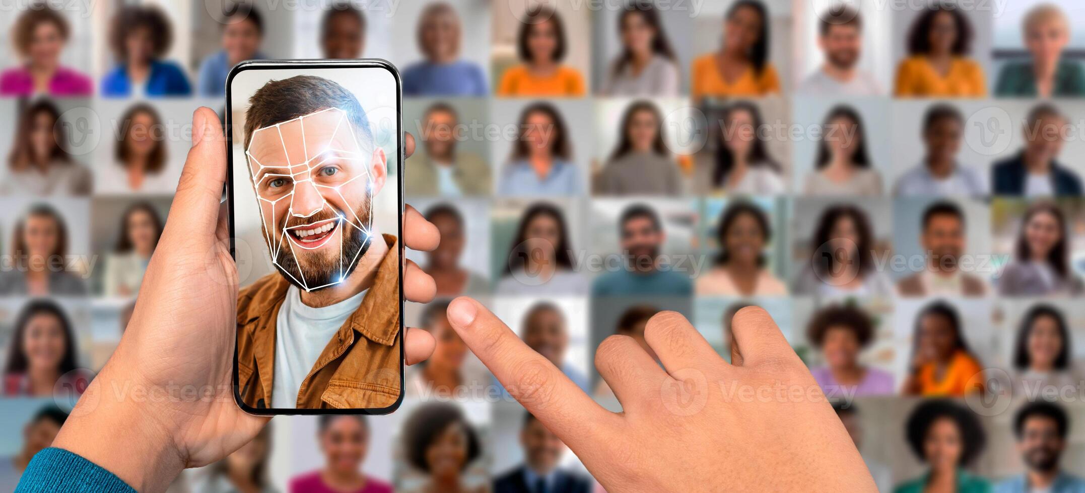 A user interacts with a smartphone, scanning their face for identification. Behind them, a collage features various diverse portraits illustrating modern facial recognition technology. photo