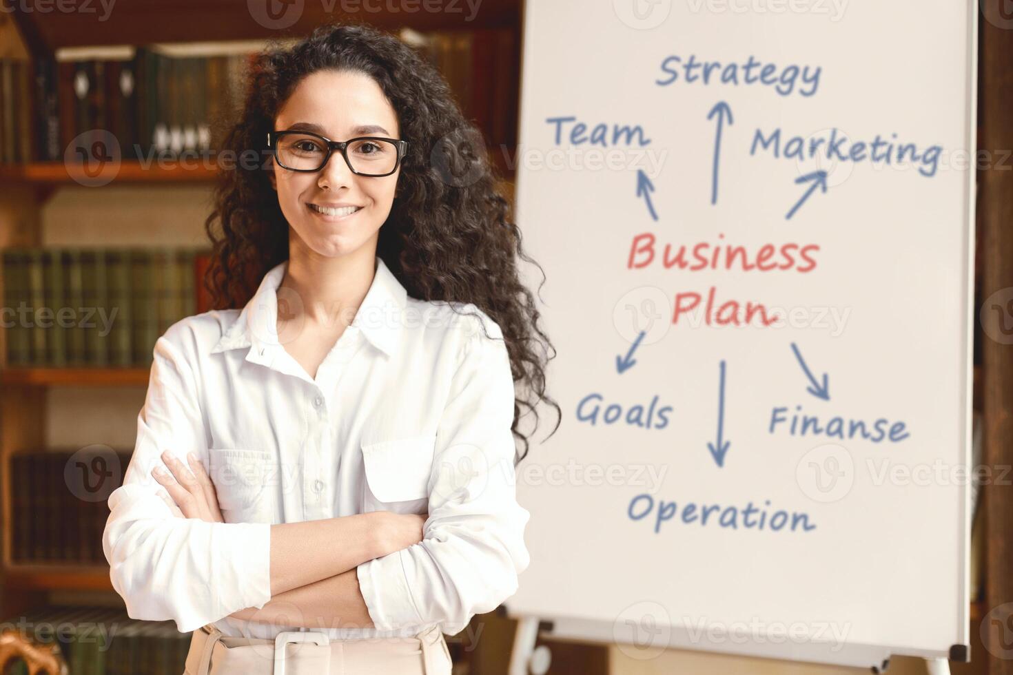 Presentation And Brainstorming Concept. Portrait of confident businesswoman in eyeglasses posing near whiteboard with folded arms. Business plan written on the board during meeting at the office photo