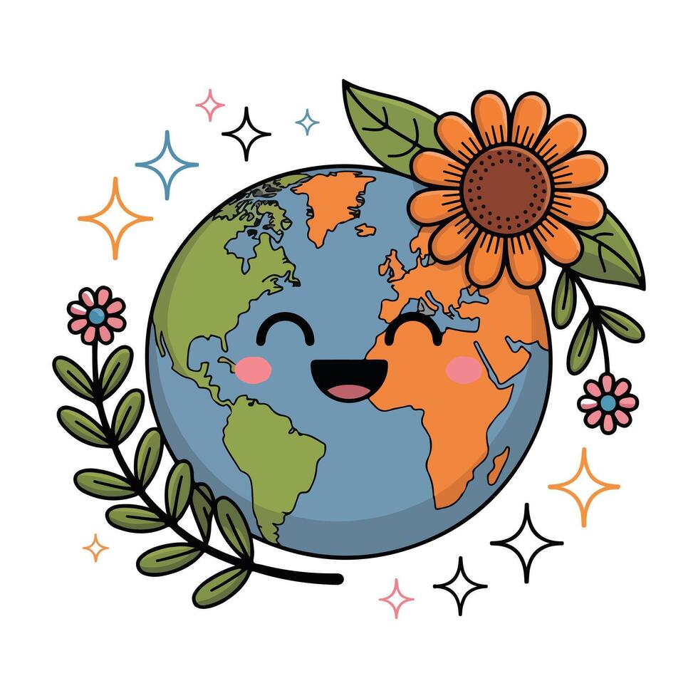 Cute Planet Earth with Flowers and Leaves for Earth Day vector