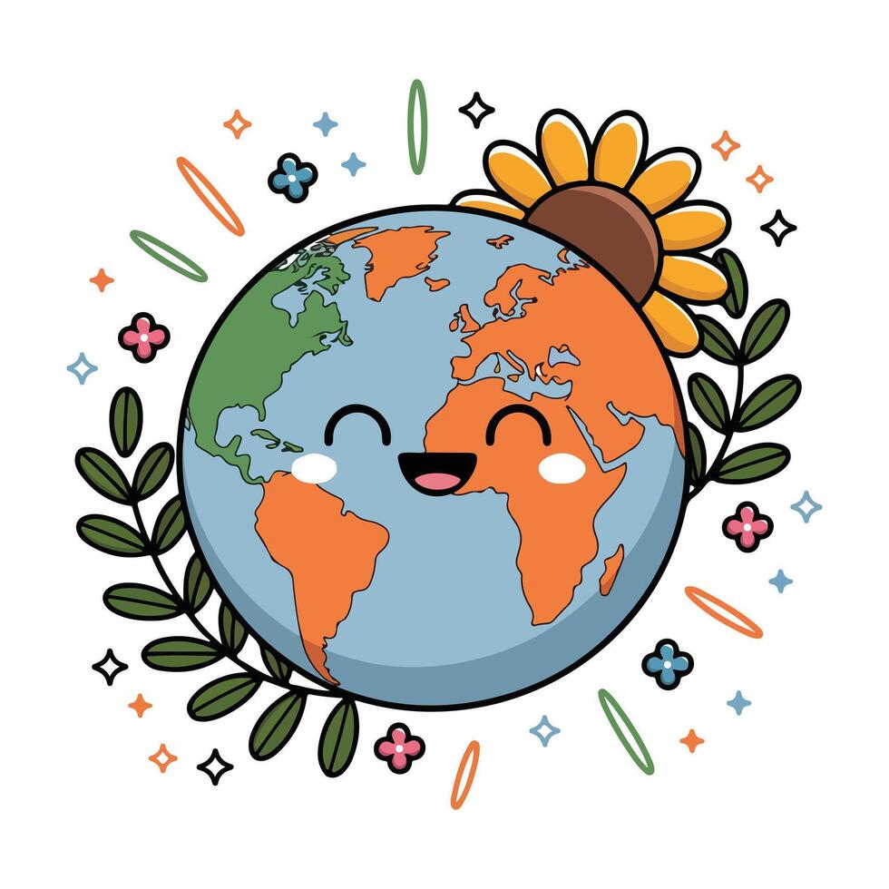 Cheerful Earth Day Planet with Colorful Flowers and Greenery vector