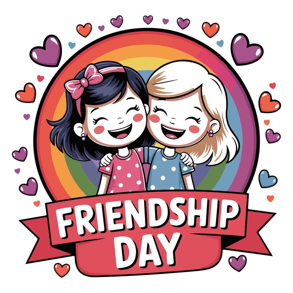 Pastel Cartoon Girls Friendship Day Art with Rainbow Label vector