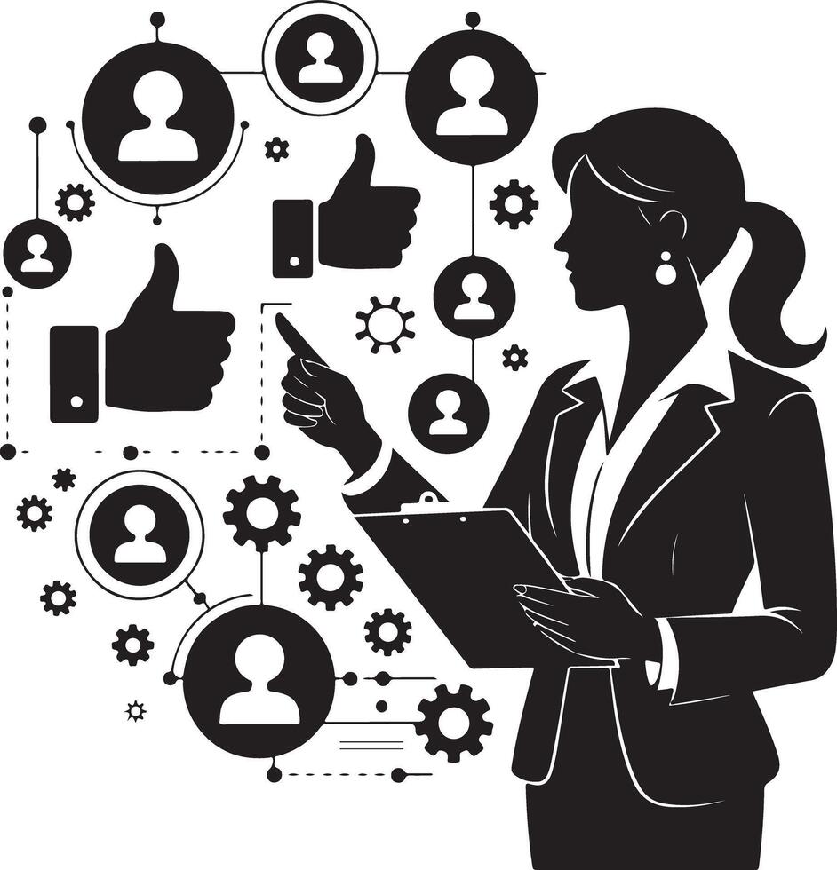 HR Manager Silhouette with Teamwork and Communication Icons vector