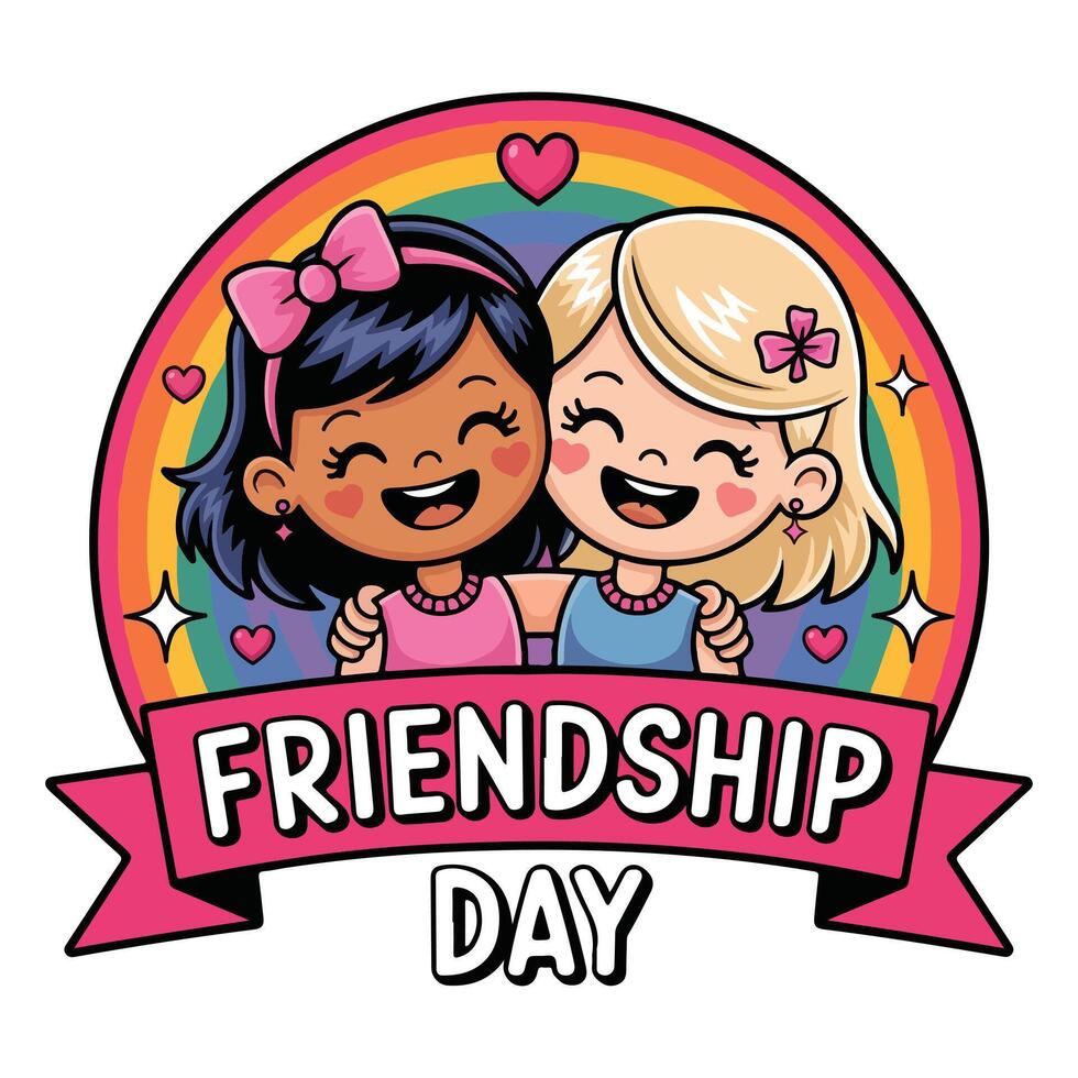 Adorable Girls Friendship Day Illustration with Rainbow Badge Design vector