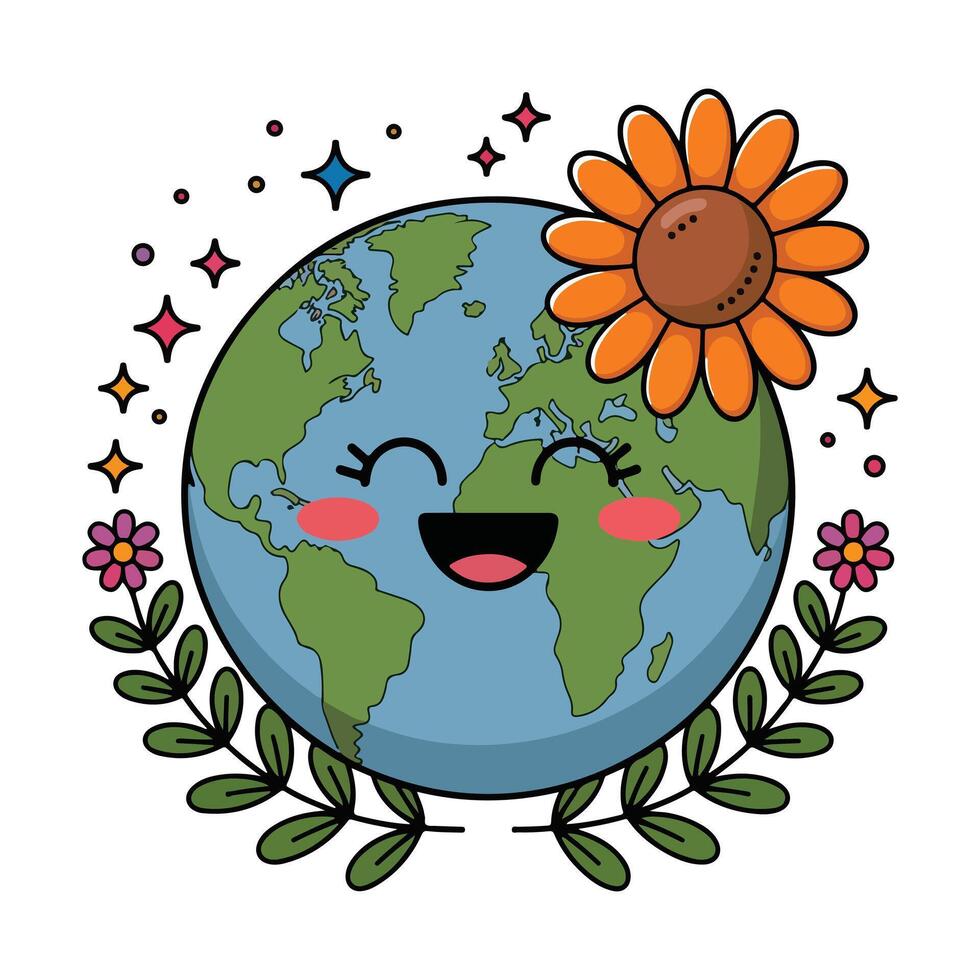 Earth Day Smiling Globe with Floral and Leaf Accents vector