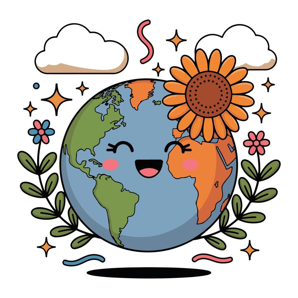 Earth Day Illustration of a Happy Planet with Nature Elements vector