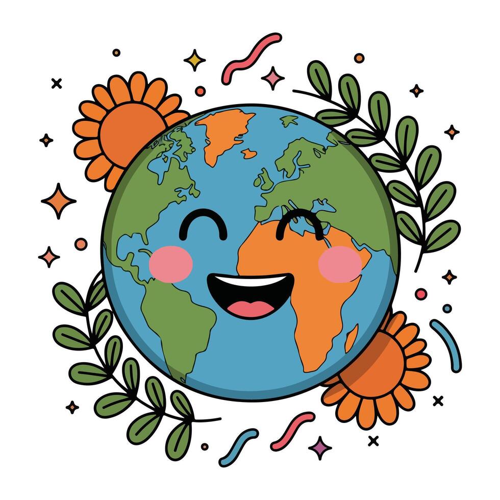 Cute Happy Earth Day Character with Leaves and Blooms vector