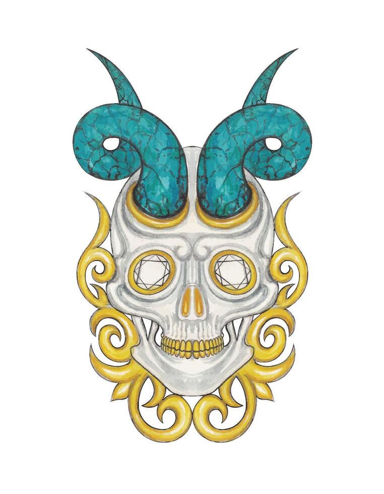 Vintage art with diamond skull turquoise diamond and gold design by hand drawn. vector