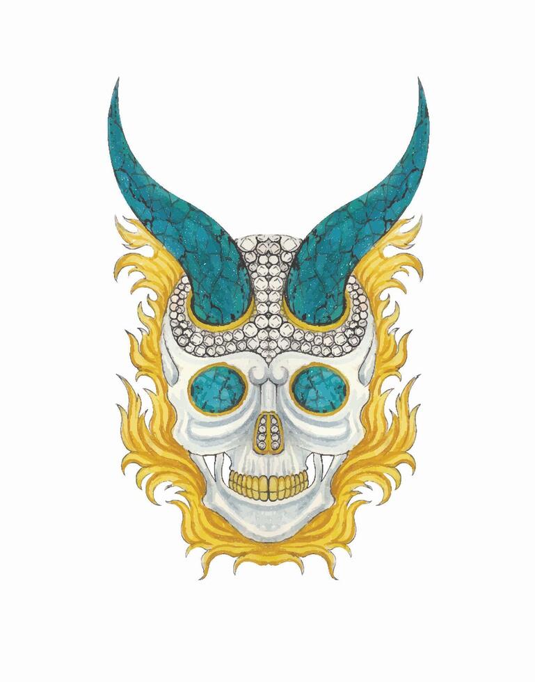 Jewelry design demon skull with turquoise dimaond and gold by hand drawn. vector