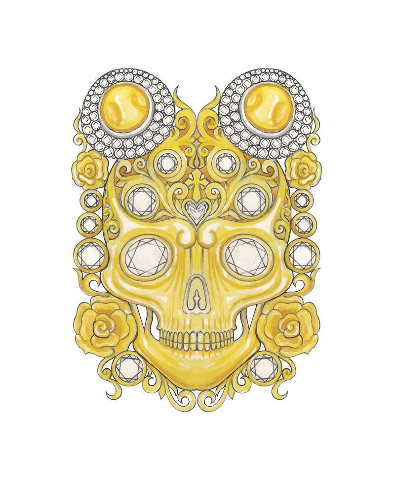 Sugar skull with gold vintage art and diamond by hand drawn. vector