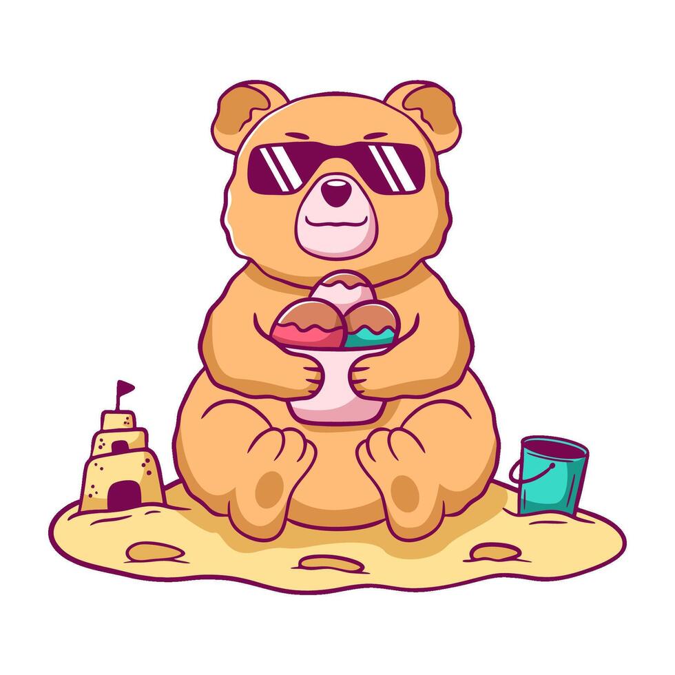 Cartoon bear is sitting on the beach with sunglasses on vector