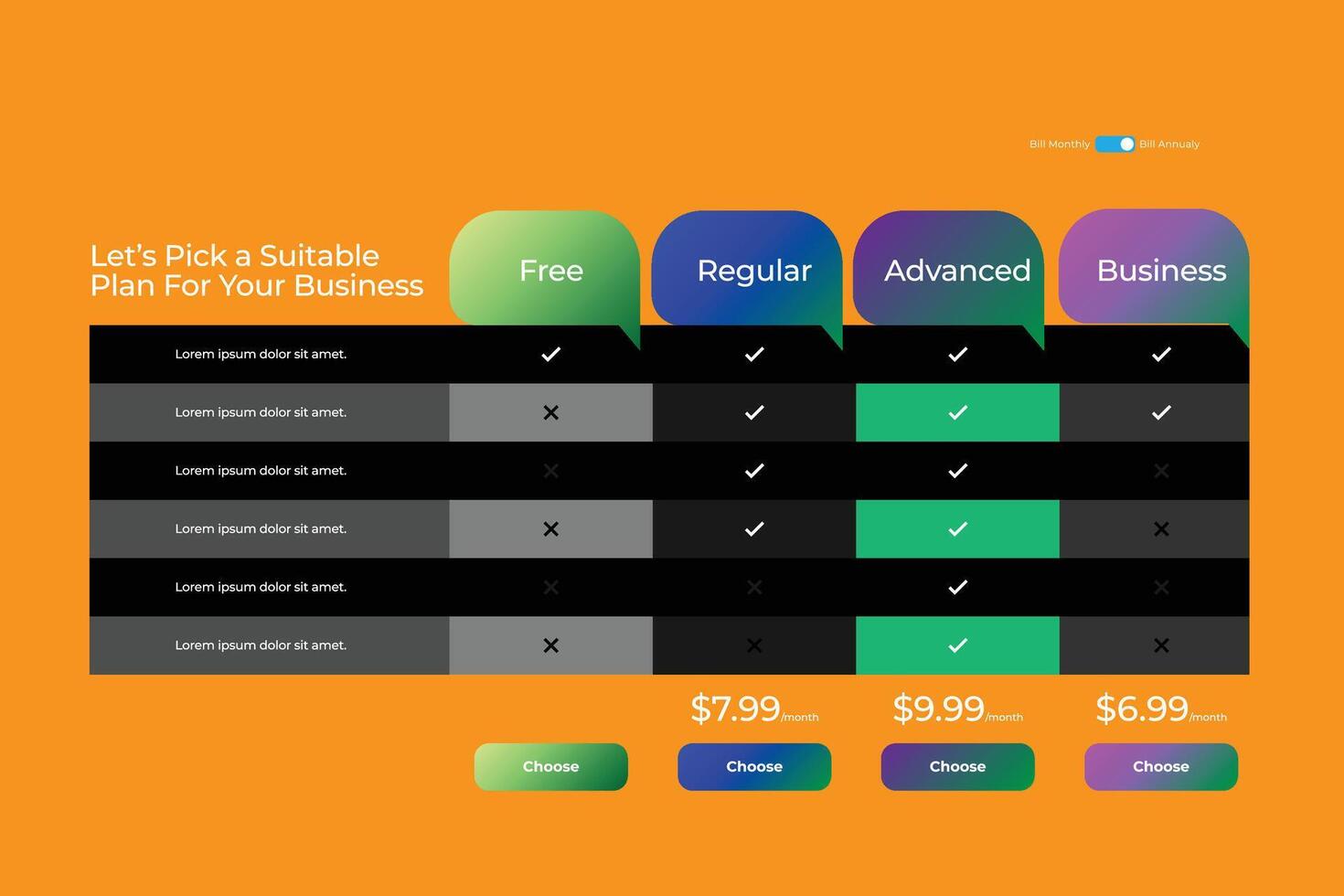 Web Comparison Boxes Plans Pricing vector