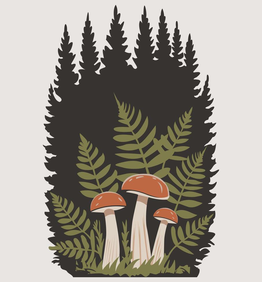 mushrooms in the forest with ferns and trees vector