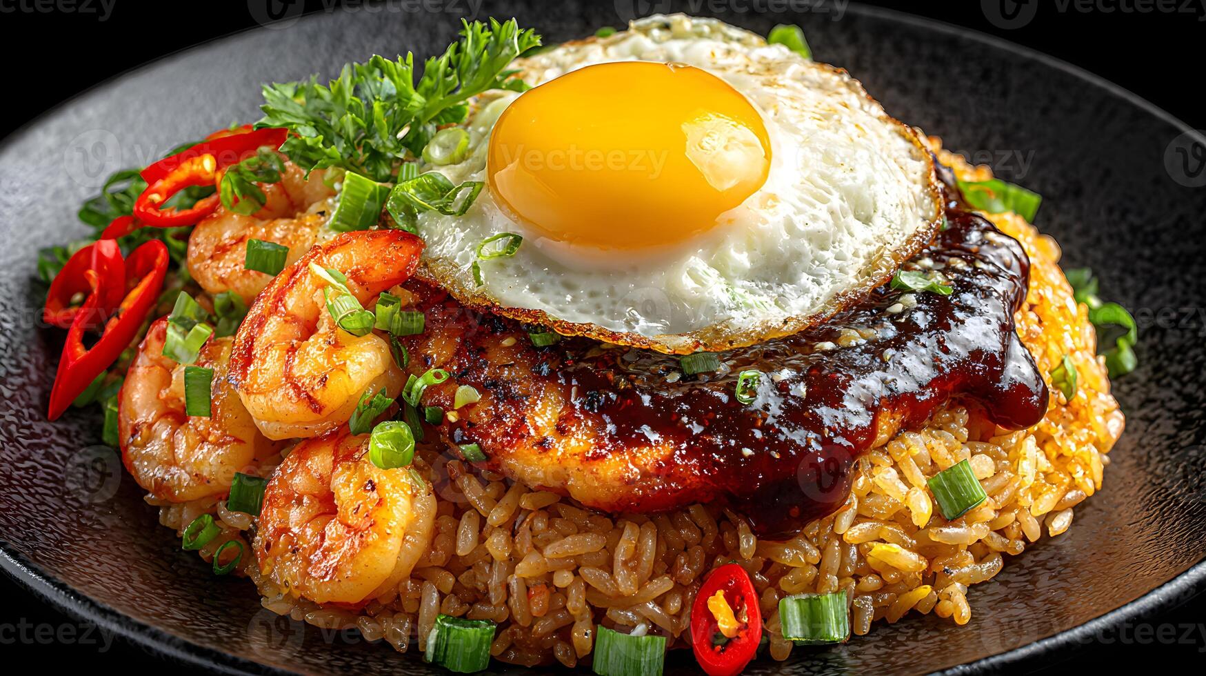 Delicious Asian Shrimp Fried Rice with Fried Egg Teriyaki Sauce and Chili Garnish photo