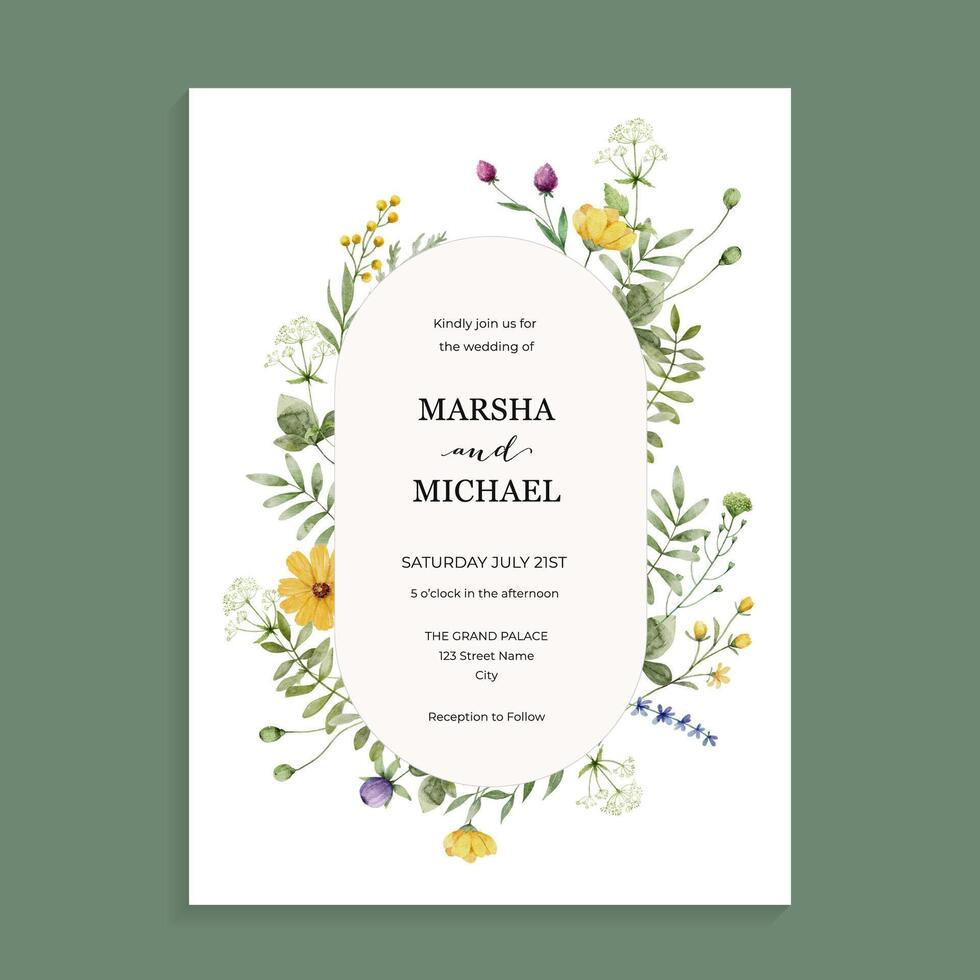 Vintage Wildflower Wedding Invitation Template vector
